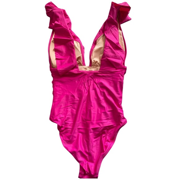 J. Crew Fuchsia Pink Ruched Ruffle One Piece Swimsuit Bathing Suit Women’s NEW - Picture 3 of 12
